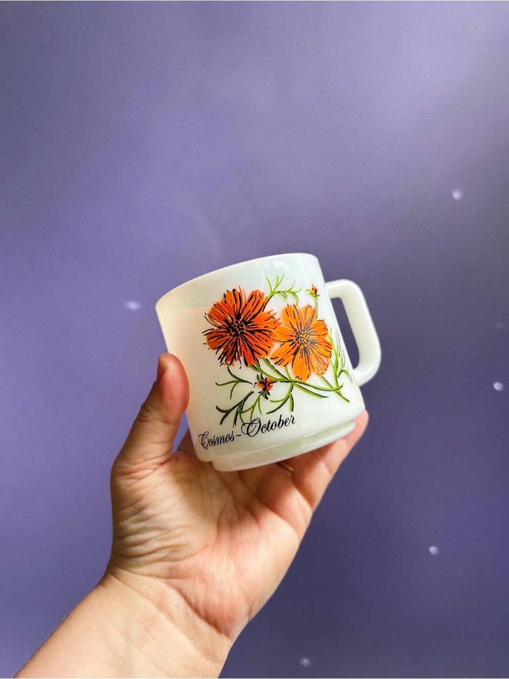 Vintage Brockway Flower of the Month Milk Glass Mug Cosmos October